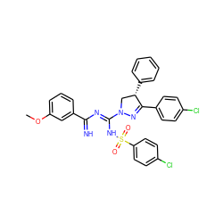 COc1cccc(C(=N)N=C(NS(=O)(=O)c2ccc(Cl)cc2)N2C[C@H](c3ccccc3)C(c3ccc(Cl)cc3)=N2)c1 ZINC001772585894