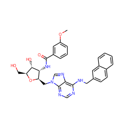 COc1cccc(C(=O)N[C@@H]2[C@@H](Cn3cnc4c(NCc5ccc6ccccc6c5)ncnc43)O[C@@H](CO)[C@@H]2O)c1 ZINC000026186784