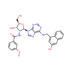 COc1cccc(C(=O)N[C@@H]2[C@H](O)[C@@H](CO)O[C@H]2n2cnc3c(NCc4cc(O)cc5ccccc45)ncnc32)c1 ZINC000026188996