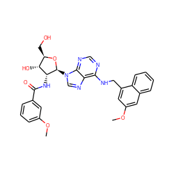 COc1cccc(C(=O)N[C@@H]2[C@H](O)[C@@H](CO)O[C@H]2n2cnc3c(NCc4cc(OC)cc5ccccc45)ncnc32)c1 ZINC000026184617