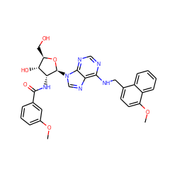 COc1cccc(C(=O)N[C@@H]2[C@H](O)[C@@H](CO)O[C@H]2n2cnc3c(NCc4ccc(OC)c5ccccc45)ncnc32)c1 ZINC000026176332