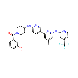 COc1cccc(C(=O)N2CCC(Nc3ccc(-c4cc(C)cc(Nc5cc(C(F)(F)F)ccn5)n4)cn3)CC2)c1 ZINC001772641434