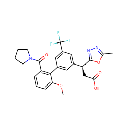 COc1cccc(C(=O)N2CCCC2)c1-c1cc([C@H](CC(=O)O)c2nnc(C)o2)cc(C(F)(F)F)c1 ZINC001772592728