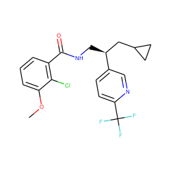 COc1cccc(C(=O)NC[C@@H](CC2CC2)c2ccc(C(F)(F)F)nc2)c1Cl ZINC000207676133