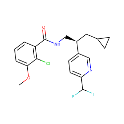 COc1cccc(C(=O)NC[C@@H](CC2CC2)c2ccc(C(F)F)nc2)c1Cl ZINC000217382163