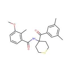 COc1cccc(C(=O)NC2(C(=O)c3cc(C)cc(C)c3)CCSCC2)c1C ZINC000013490030