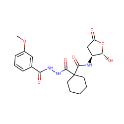 COc1cccc(C(=O)NNC(=O)C2(C(=O)N[C@H]3CC(=O)O[C@@H]3O)CCCCC2)c1 ZINC000036092973