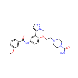 COc1cccc(C(=O)Nc2ccc(OCCN3CCN(C(N)=O)CC3)c(-c3ccnn3C)c2)c1 ZINC000049089390