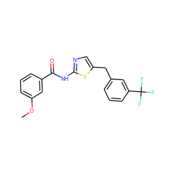 COc1cccc(C(=O)Nc2ncc(Cc3cccc(C(F)(F)F)c3)s2)c1 ZINC000010971638