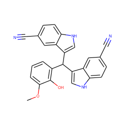 COc1cccc(C(c2c[nH]c3ccc(C#N)cc23)c2c[nH]c3ccc(C#N)cc23)c1O ZINC000169306797