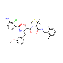 COc1cccc(C[C@H](NC(=O)c2cccc(N)c2Cl)[C@H](O)C(=O)N2CSC(C)(C)[C@H]2C(=O)NCc2c(C)cccc2C)c1 ZINC000029132013