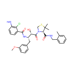 COc1cccc(C[C@H](NC(=O)c2cccc(N)c2Cl)[C@H](O)C(=O)N2CSC(C)(C)[C@H]2C(=O)NCc2ccccc2C)c1 ZINC000029132452