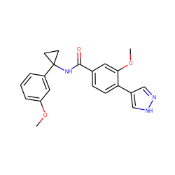 COc1cccc(C2(NC(=O)c3ccc(-c4cn[nH]c4)c(OC)c3)CC2)c1 ZINC001772580266