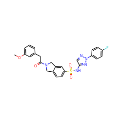 COc1cccc(CC(=O)N2Cc3ccc(S(=O)(=O)Nc4cnn(-c5ccc(F)cc5)n4)cc3C2)c1 ZINC000473123795