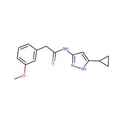 COc1cccc(CC(=O)Nc2cc(C3CC3)[nH]n2)c1 ZINC000013580482