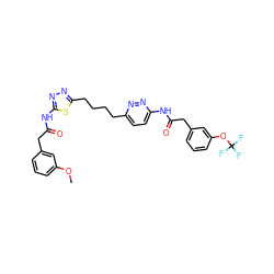 COc1cccc(CC(=O)Nc2nnc(CCCCc3ccc(NC(=O)Cc4cccc(OC(F)(F)F)c4)nn3)s2)c1 ZINC000169698683