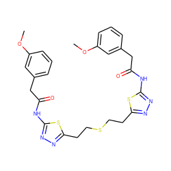 COc1cccc(CC(=O)Nc2nnc(CCSCCc3nnc(NC(=O)Cc4cccc(OC)c4)s3)s2)c1 ZINC000169697917