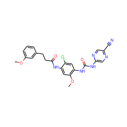 COc1cccc(CCC(=O)Nc2cc(OC)c(NC(=O)Nc3cnc(C#N)cn3)cc2Cl)c1 ZINC000014956130