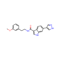 COc1cccc(CCNC(=O)c2c[nH]c3cc(-c4cn[nH]c4)ccc23)c1 ZINC000073158202