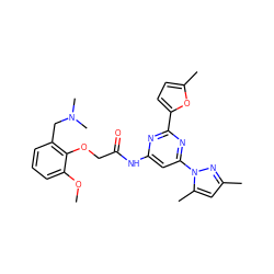 COc1cccc(CN(C)C)c1OCC(=O)Nc1cc(-n2nc(C)cc2C)nc(-c2ccc(C)o2)n1 ZINC000029041698