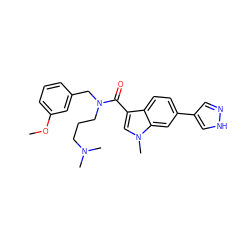 COc1cccc(CN(CCCN(C)C)C(=O)c2cn(C)c3cc(-c4cn[nH]c4)ccc23)c1 ZINC000073165029