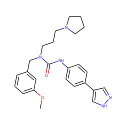 COc1cccc(CN(CCCN2CCCC2)C(=O)Nc2ccc(-c3cn[nH]c3)cc2)c1 ZINC000095588607