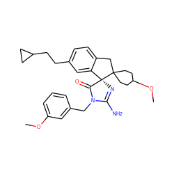 COc1cccc(CN2C(=O)[C@@]3(N=C2N)c2cc(CCC4CC4)ccc2CC32CCC(OC)CC2)c1 ZINC000140570275