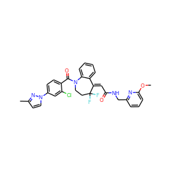 COc1cccc(CNC(=O)/C=C2/c3ccccc3N(C(=O)c3ccc(-n4ccc(C)n4)cc3Cl)CCC2(F)F)n1 ZINC000042850807