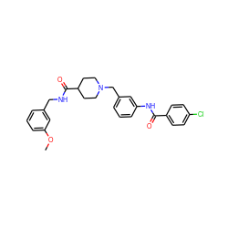 COc1cccc(CNC(=O)C2CCN(Cc3cccc(NC(=O)c4ccc(Cl)cc4)c3)CC2)c1 ZINC001772578791