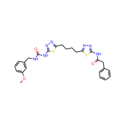 COc1cccc(CNC(=O)Nc2nnc(CCCCc3nnc(NC(=O)Cc4ccccc4)s3)s2)c1 ZINC000169698316