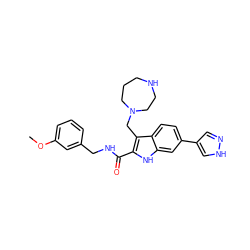 COc1cccc(CNC(=O)c2[nH]c3cc(-c4cn[nH]c4)ccc3c2CN2CCCNCC2)c1 ZINC000073169287