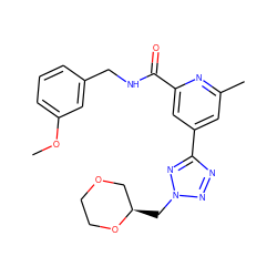 COc1cccc(CNC(=O)c2cc(-c3nnn(C[C@@H]4COCCO4)n3)cc(C)n2)c1 ZINC000653703199