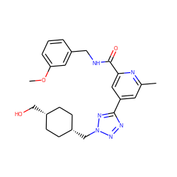 COc1cccc(CNC(=O)c2cc(-c3nnn(C[C@H]4CC[C@@H](CO)CC4)n3)cc(C)n2)c1 ZINC000653707388