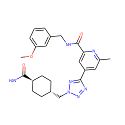 COc1cccc(CNC(=O)c2cc(-c3nnn(C[C@H]4CC[C@H](C(N)=O)CC4)n3)cc(C)n2)c1 ZINC000653708658