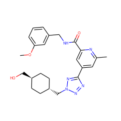 COc1cccc(CNC(=O)c2cc(-c3nnn(C[C@H]4CC[C@H](CO)CC4)n3)cc(C)n2)c1 ZINC000653703155