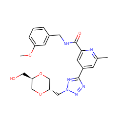 COc1cccc(CNC(=O)c2cc(-c3nnn(C[C@H]4CO[C@H](CO)CO4)n3)cc(C)n2)c1 ZINC000205011273