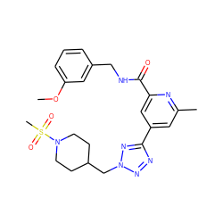 COc1cccc(CNC(=O)c2cc(-c3nnn(CC4CCN(S(C)(=O)=O)CC4)n3)cc(C)n2)c1 ZINC000205114928