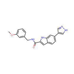 COc1cccc(CNC(=O)c2cc3ccc(-c4cn[nH]c4)cc3[nH]2)c1 ZINC000073195671