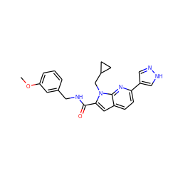 COc1cccc(CNC(=O)c2cc3ccc(-c4cn[nH]c4)nc3n2CC2CC2)c1 ZINC000073141882