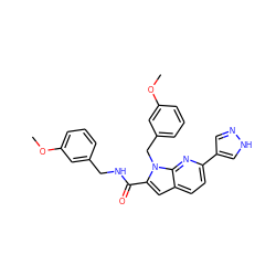 COc1cccc(CNC(=O)c2cc3ccc(-c4cn[nH]c4)nc3n2Cc2cccc(OC)c2)c1 ZINC000073141886