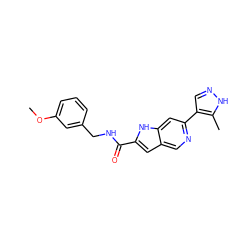 COc1cccc(CNC(=O)c2cc3cnc(-c4cn[nH]c4C)cc3[nH]2)c1 ZINC000073164294