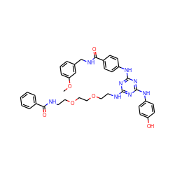 COc1cccc(CNC(=O)c2ccc(Nc3nc(NCCOCCOCCNC(=O)c4ccccc4)nc(Nc4ccc(O)cc4)n3)cc2)c1 ZINC000215839039