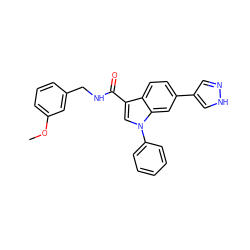 COc1cccc(CNC(=O)c2cn(-c3ccccc3)c3cc(-c4cn[nH]c4)ccc23)c1 ZINC000073165026