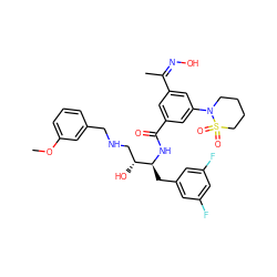 COc1cccc(CNC[C@@H](O)[C@H](Cc2cc(F)cc(F)c2)NC(=O)c2cc(/C(C)=N\O)cc(N3CCCCS3(=O)=O)c2)c1 ZINC000043024248