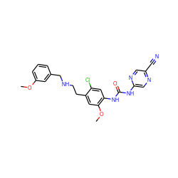 COc1cccc(CNCCc2cc(OC)c(NC(=O)Nc3cnc(C#N)cn3)cc2Cl)c1 ZINC000072318127