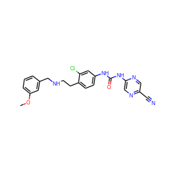 COc1cccc(CNCCc2ccc(NC(=O)Nc3cnc(C#N)cn3)cc2Cl)c1 ZINC000140206054