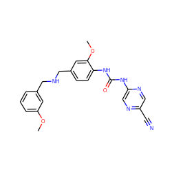 COc1cccc(CNCc2ccc(NC(=O)Nc3cnc(C#N)cn3)c(OC)c2)c1 ZINC000146134121