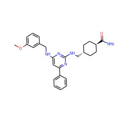 COc1cccc(CNc2cc(-c3ccccc3)nc(NC[C@H]3CC[C@H](C(N)=O)CC3)n2)c1 ZINC000299830096