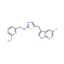 COc1cccc(CNc2ncc(Cc3c[nH]c4ncc(Cl)cc34)s2)n1 ZINC000117416242