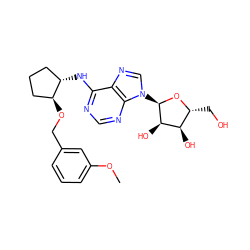 COc1cccc(CO[C@H]2CCC[C@@H]2Nc2ncnc3c2ncn3[C@H]2O[C@H](CO)[C@@H](O)[C@H]2O)c1 ZINC000096169087